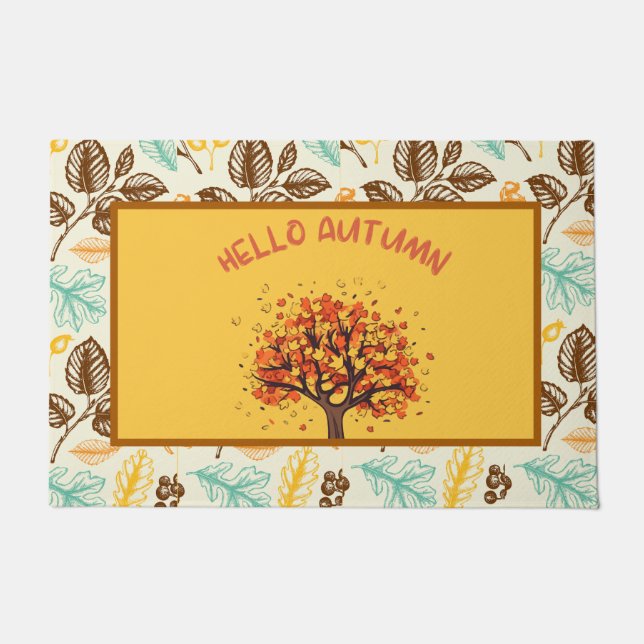 Custom "Hello Autumn" Colourful Fall Leaves Doorma Doormat (Front)