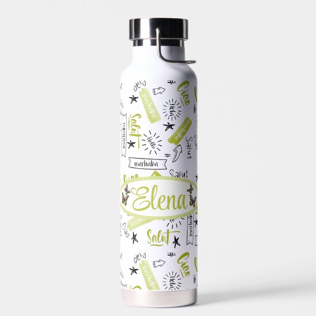 Custom,Hello in Multiple Languages Water Bottle (Left)