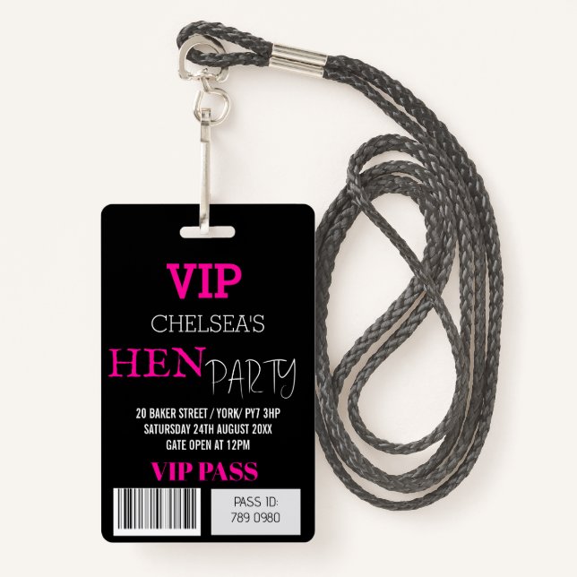 Custom Hen Party Festival Access Pass VIP   ID Badge (Front with Lanyard)
