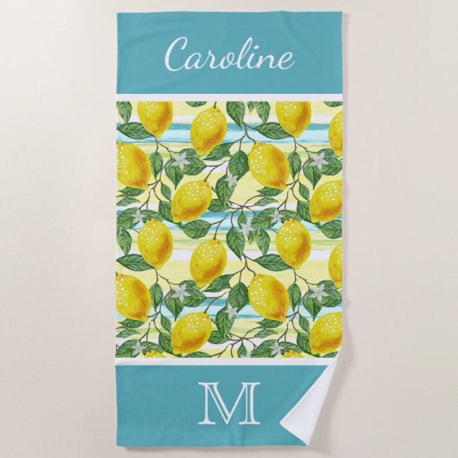 Custom Hip Tropical Summer Lemons Fruit Pattern Beach Towel (Front)