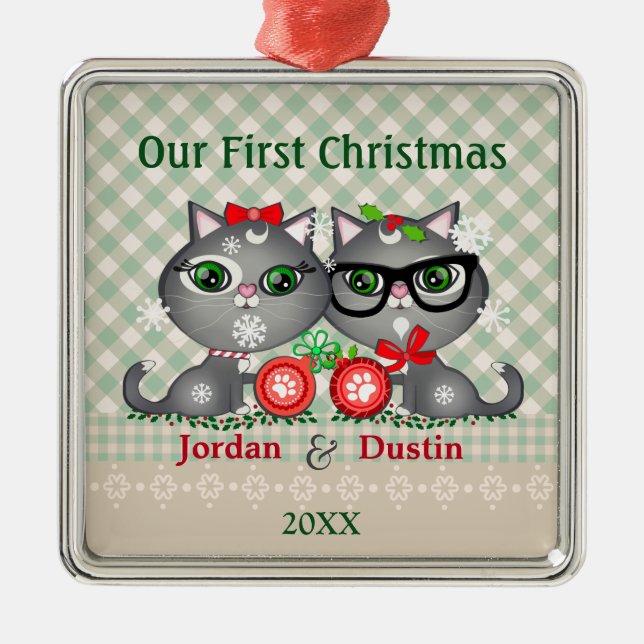 Custom Hipster Cats First Christmas Ornament (Front)