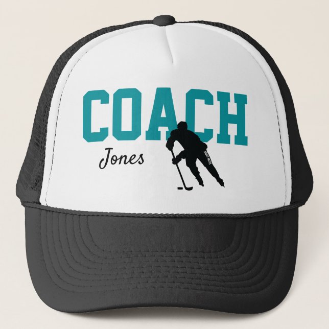 Custom Hockey Coach Name Shark Teal Trucker Hat (Front)