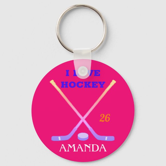 Custom Hockey Girl Cute Pastel Ombre Sticks/Puck Key Ring (Front)