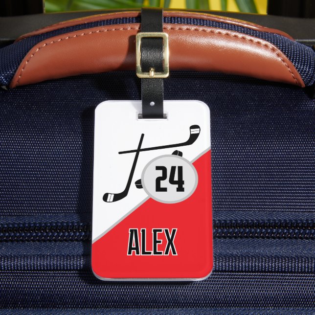 Custom Hockey Name Number Team Bag Tag Red (Front Insitu 2)