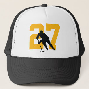 Custom Hockey Player Number Black and Gold Yellow Trucker Hat