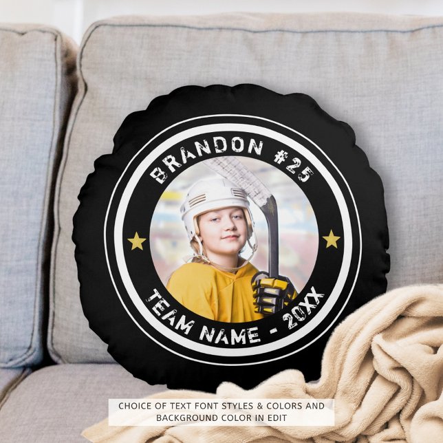 Custom Hockey Player Number Photo Your Colour Round Cushion (Creator Uploaded)