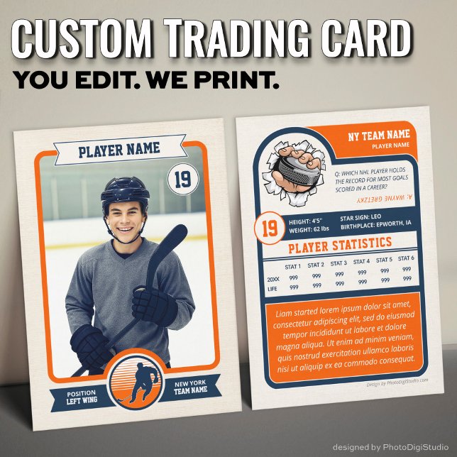 Custom Hockey Trading Card, Vintage Player Card (Vintage Custom Hockey Trading Card, Orange Player Card)