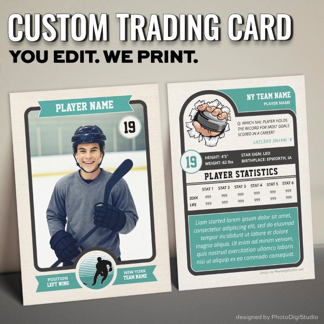 Custom Hockey Trading Card, Vintage Player Card (Vintage Custom Hockey Trading Card, Teal Player Card)