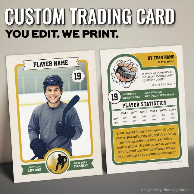 Custom Hockey Trading Card, Vintage Player Card (Vintage Custom Hockey Trading Card, Green Player Card)