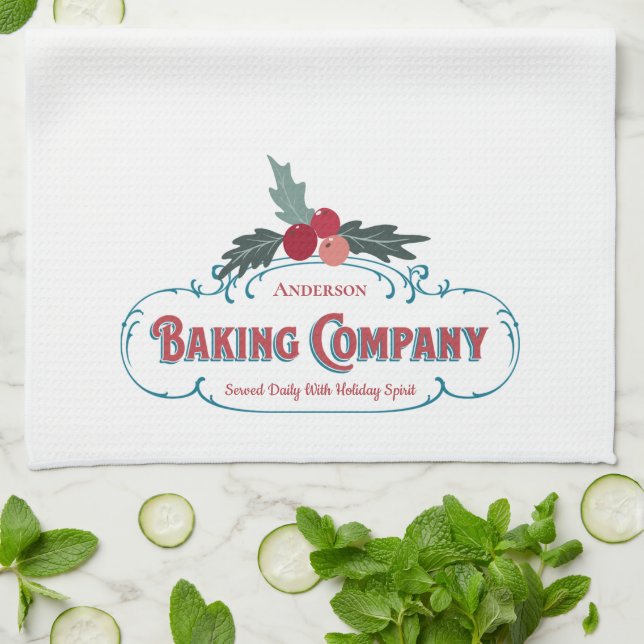 Custom Holiday Baking Kitchen Family Monogram Tea Towel (Folded)