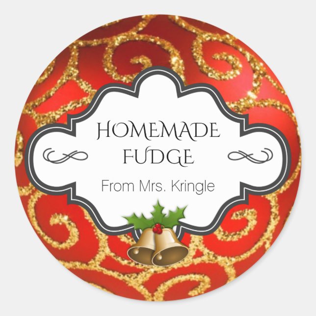 Custom Holiday Baking Red Gold Glitter Holly Bells Classic Round Sticker (Front)