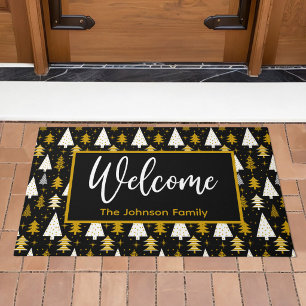 Custom Holiday Black Gold Christmas Trees Welcome Doormat