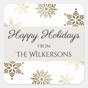 Custom Holiday Family Name and Gold Snowflakes Square Sticker