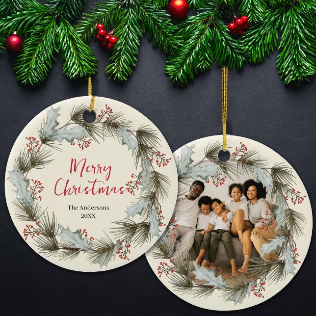 Custom Holiday Keepsake with Wreath Family Photo Ceramic Tree Decoration (Creator Uploaded)