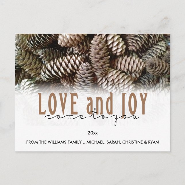 Custom Holiday Love and Joy Pine Cone Postcard (Front)