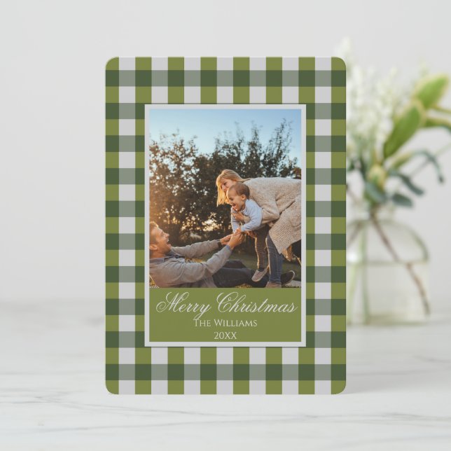 Custom Holiday Photo Card On Green Gingham  (Standing Front)