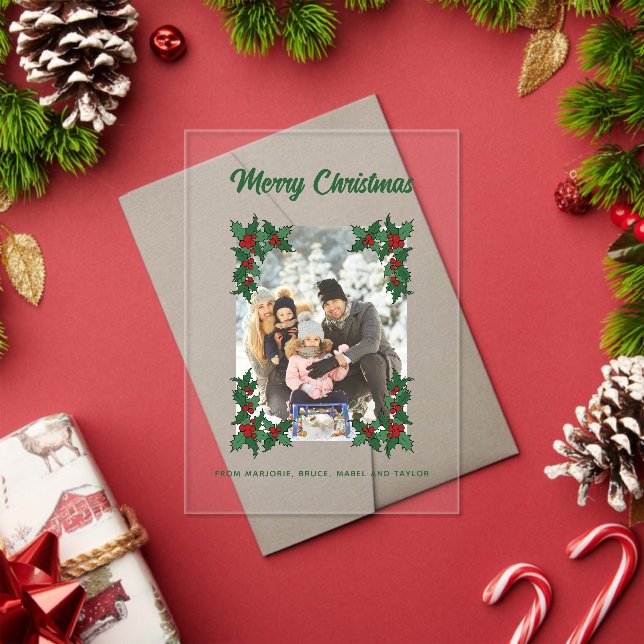 Custom Holiday Photo Card with Holly Accents Acrylic Invitations (Insitu (Holiday))