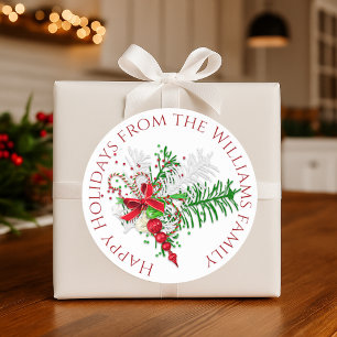 Custom Holiday Red White Candy Cane Green Foliage Classic Round Sticker