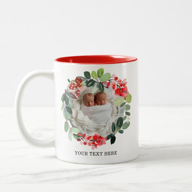 Custom Holiday Wreath Photo Personalized Mug (Left)
