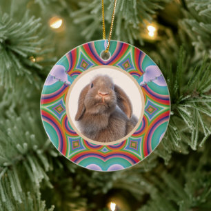 Custom Holland Lop Rabbit Photo Rainbow Art Ceramic Tree Decoration