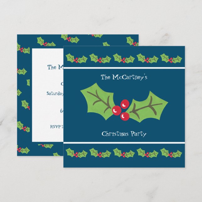 Custom Holly & Berries Christmas Party Invitation (Front/Back)