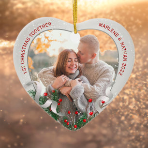 Custom Holly & Pine Silver Frame Photo 1st Xmas  Ceramic Tree Decoration