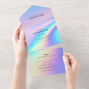 Custom Holographic Modern Elegant All In One Invitation