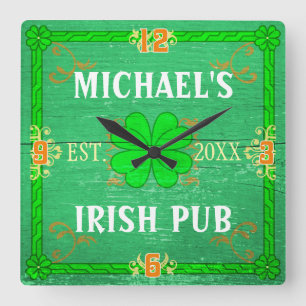 Custom Home Bar Irish Pub Green Wood with Name Square Wall Clock