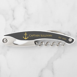 Custom Home Bar Monogram Black Gold Anchor Corkscrew