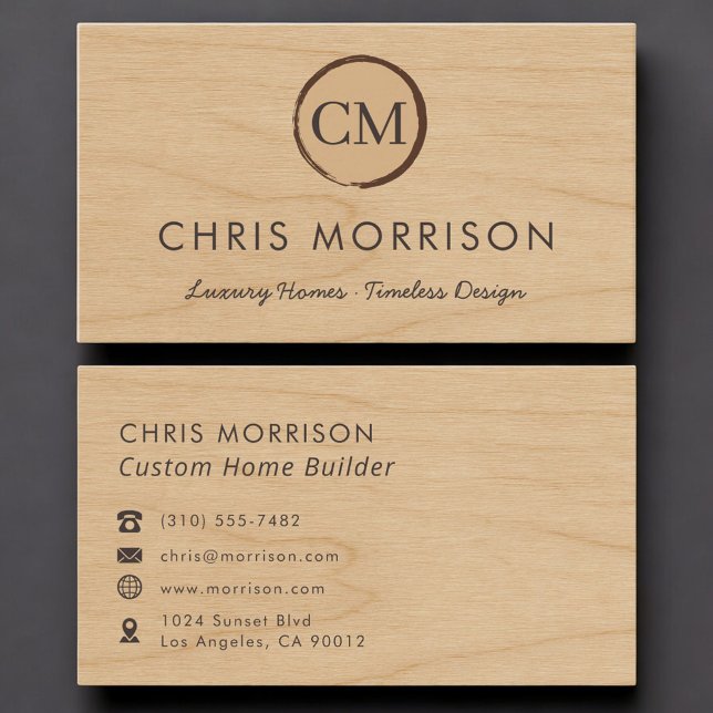 Custom Home Builder Wood Monogram Professional Business Card (Creator Uploaded)