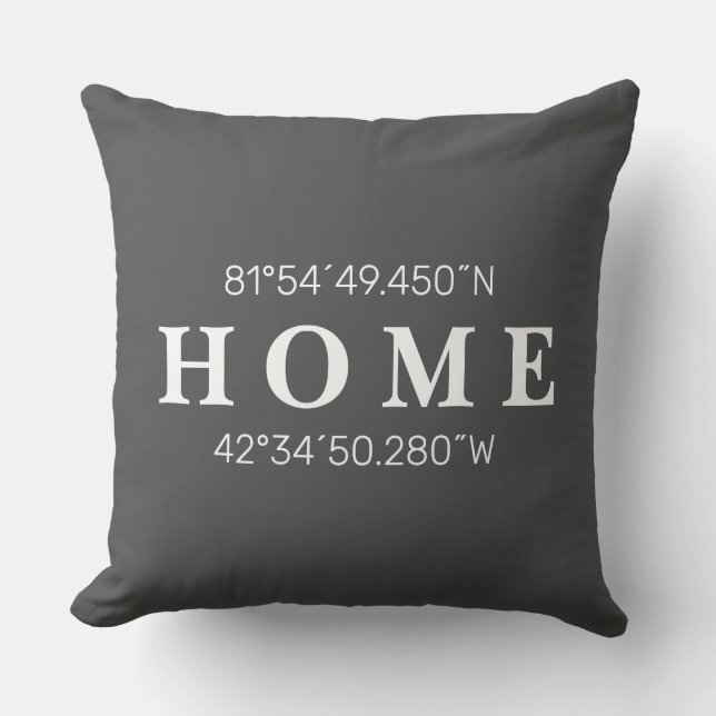 Custom Home Coordinates Throw Pillow Charcoal Gray (Front)
