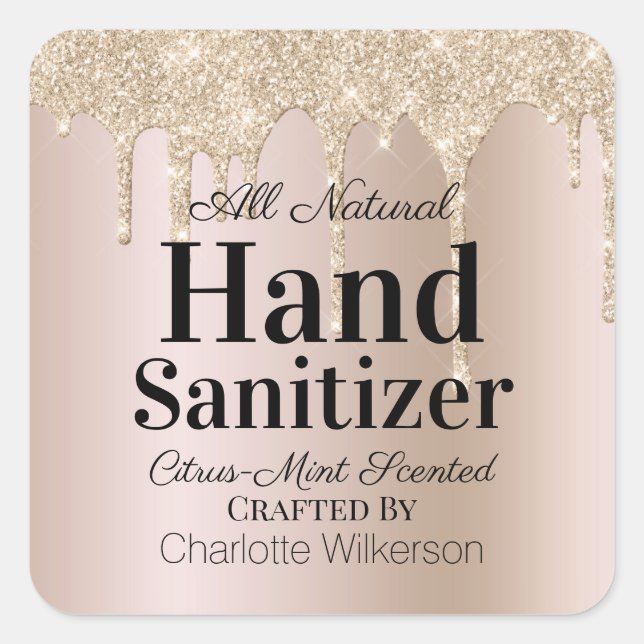 Custom Homemade Hand Sanitizer Gold Glitter Drip Square Sticker (Front)