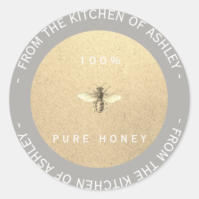 Custom Homemade Honey Grey White Bee Kraft Classic Round Sticker (Front)