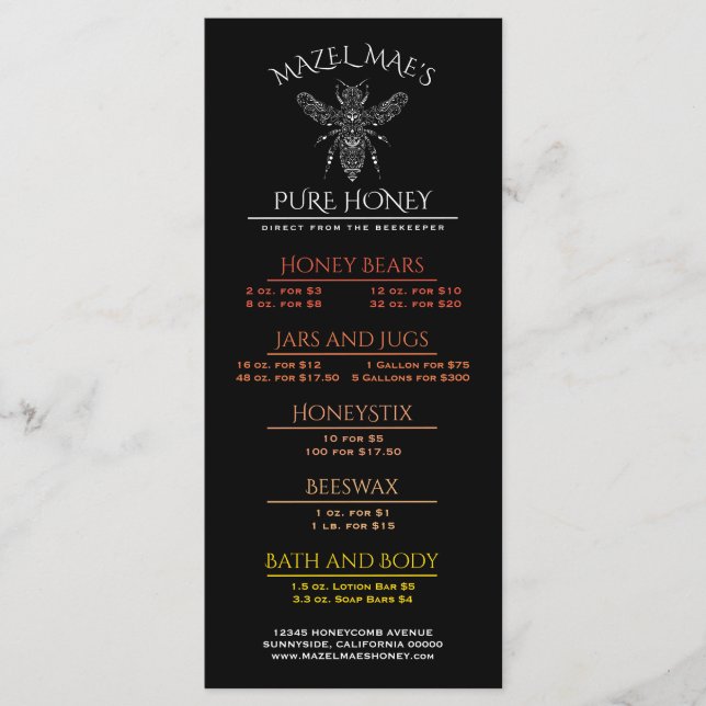 Custom Homemade Honey Menu (Front)