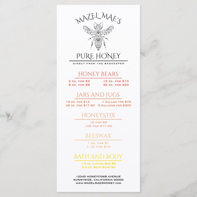 Custom Homemade Honey Menu (Front)