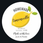 custom homemade limoncello wedding favor classic round sticker<br><div class="desc">Add a burst of Italian sunshine to your special day with these custom homemade limoncello wedding favor labels. Perfect for small liquor bottles, mini mason jars, or DIY drink favours, these personalized lemon-themed stickers make your handcrafted limoncello look beautifully professional. Customize with your names, wedding date, location, or a cute...</div>