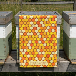 Custom Honeycomb Bright Orange and Golden Beehive Tea Towel