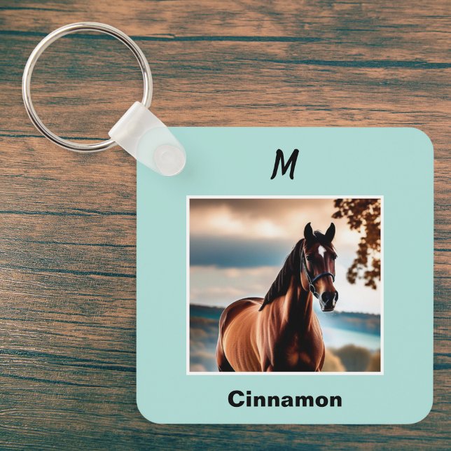 Custom Horse Photo Blue Personalised Monogram Key Ring (A keyring to personalized with your horse's photo and name, and your initial as a monogram)