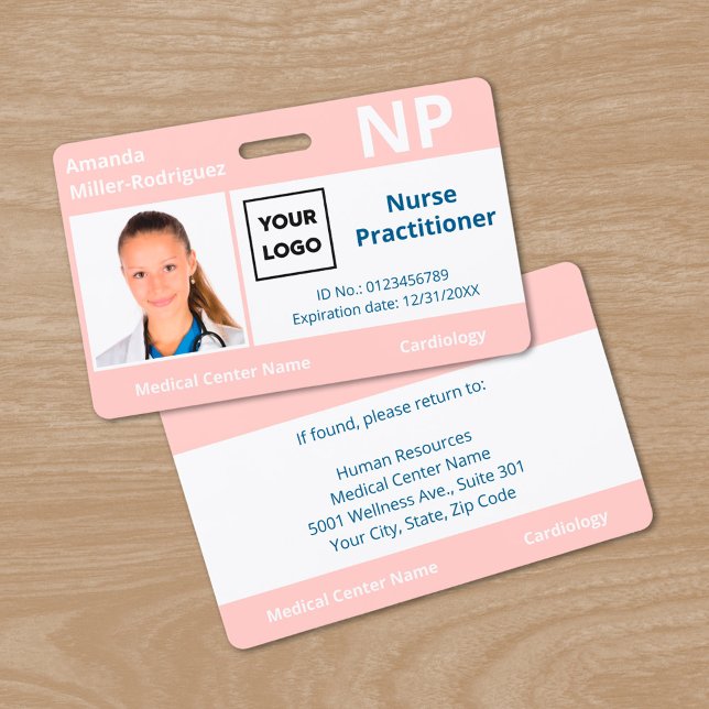 Custom Hospital Employee Logo Pink Photo ID Badge (Custom Hospital Employee Logo Pink Photo ID Badge, front/back)