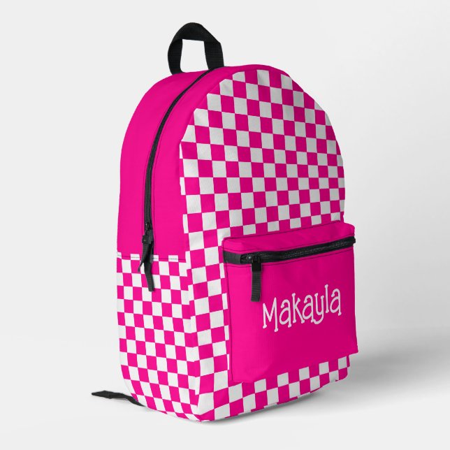 Custom Hot Pink and White Chequered  Printed Backpack (Back Corner Left)
