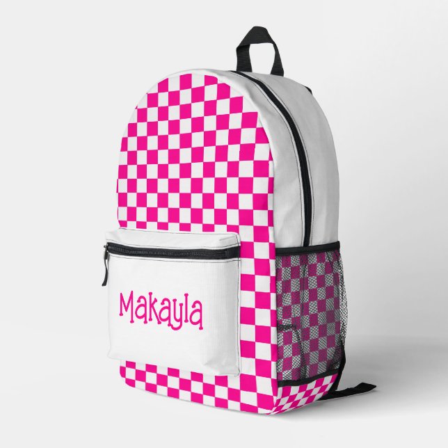 Custom Hot Pink and White Chequered  Printed Backpack (Back Corner Right)