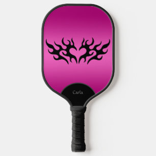 Custom Hot Pink & Black Tribal Heart Personalised Pickleball Paddle