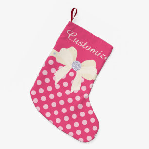 Custom Hot Pink Dotted w/Cream Bow & Diamonds Small Christmas Stocking