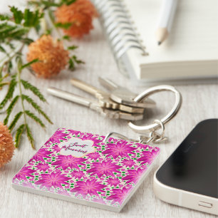 Custom Hot Pink Floral Seamless Pattern Key Ring