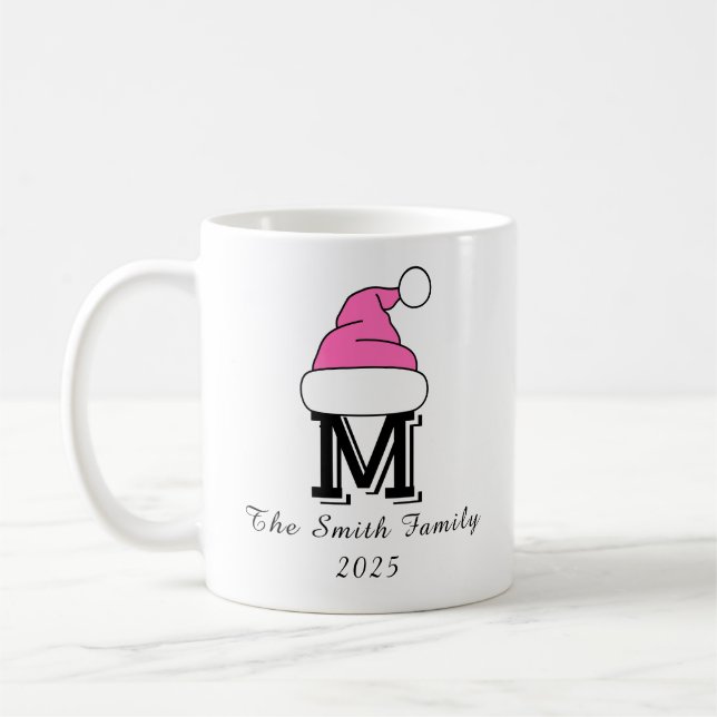 Custom Hot Pink Monogram Family Christmas Coffee Mug (Left)