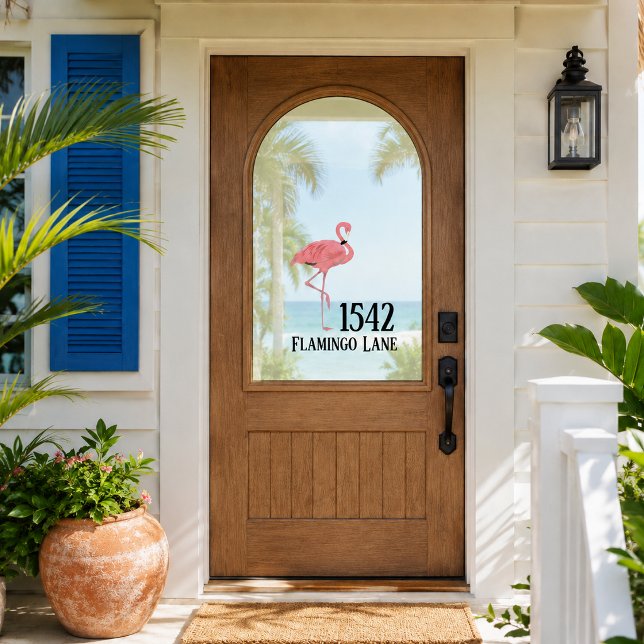 Custom House Number Street Name Pink Flamingo (personalized house number street name window cling for tropical coastal residence or business)