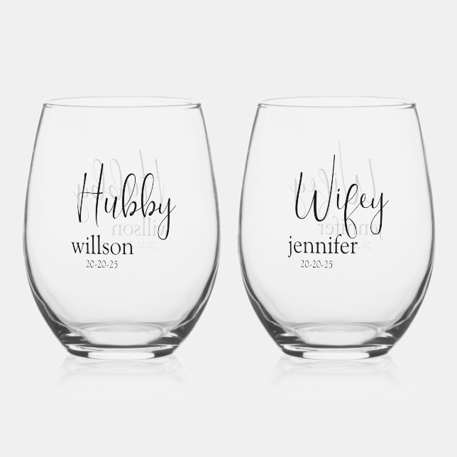 Custom Hubby and Wifey in Stunning Stemless Wine Glass (Back)