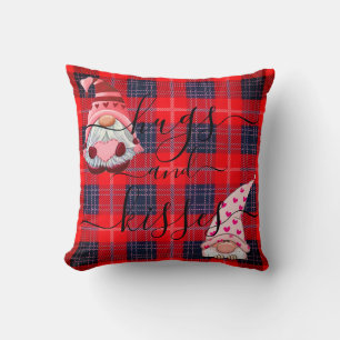 Custom HUGS & KISSES Gnome Buffalo Plaid Valentine Cushion