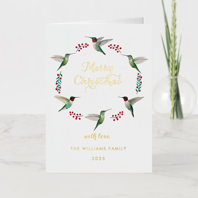 Custom Hummingbird Christmas Foil Holiday Card (Front)