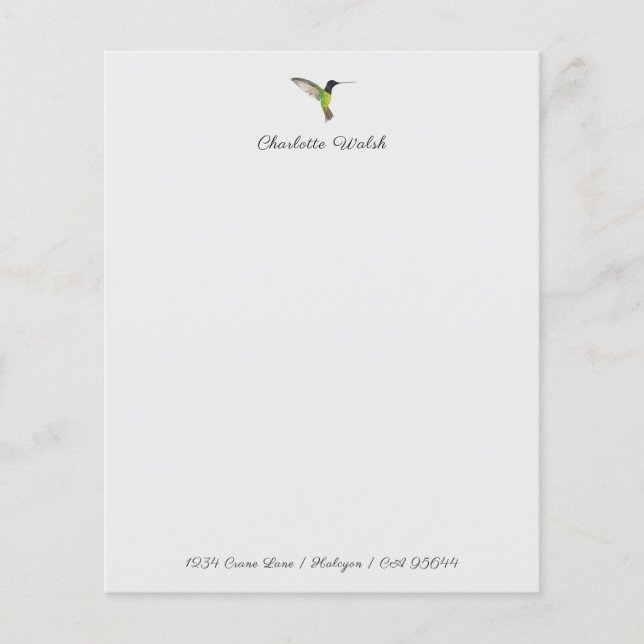 Custom Hummingbird Stationery Paper (Front)
